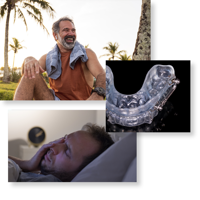 gallery of images featuring an older man outside smiling, an image of mouth guard, and a younger man in bed distressed. 