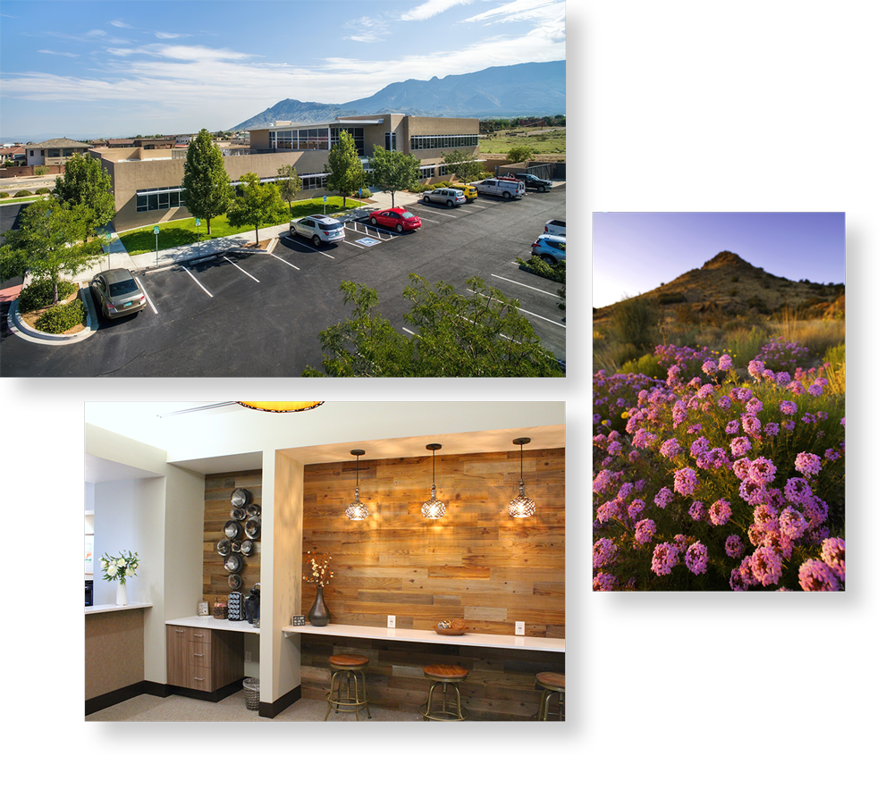 gallery of images featuring an exterior shot of the office, an image of the interior lobby area, and a field of flowers.